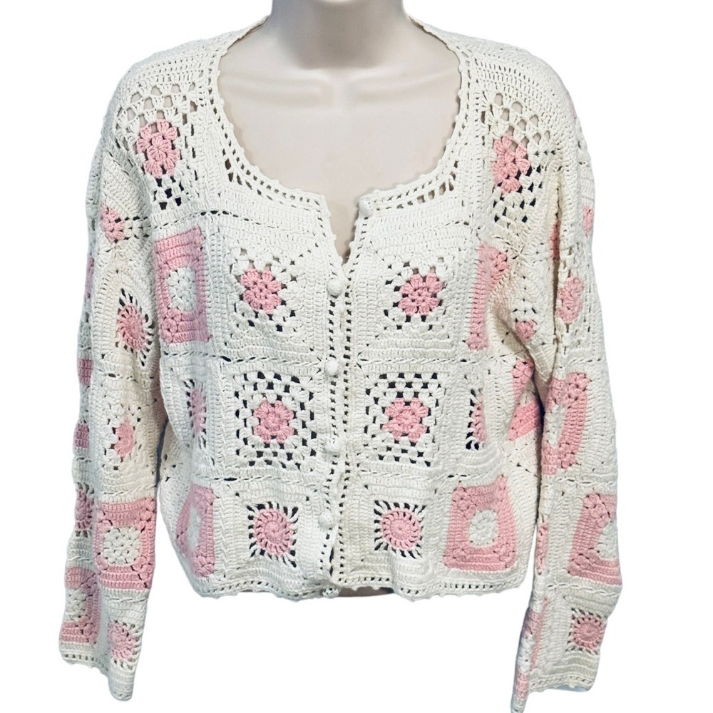 Vintage 80s 90s One Step Up Women’s Totally Button Crocheted Sweater Cardigan OS